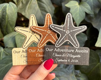 Starfish Save the Date Magnet: Engraved Wooden Beach Wedding Favor