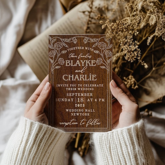 Walnut Wood Wedding Invitation, Laser Engraved Wooden Invitations Set, Rustic Save The Date Card, Unique Boho Wedding Decor, Custom Invites