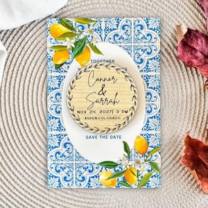 Aimant "Retenez cette date" carreau citron | Faire-part de mariage en bois personnalisé avec motif floral méditerranéen|Souvenir personnalisé pour mariages rustiques