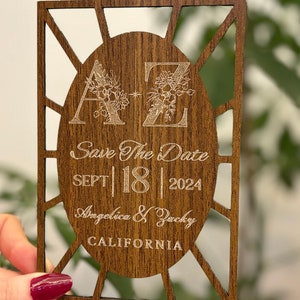Geometrische Holz Save the Date | Rustikale Hochzeitseinladung mit Gravur | Benutzerdefinierte Laser Cut Holz einladen | Minimalistische Hochzeitskarte