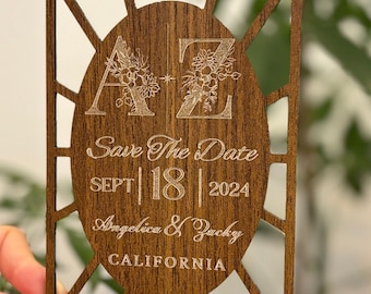 Rustic Walnut Wood Save the Date: Engraved Wedding Invitation