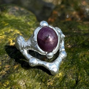 Handmade pewter ruby fairy ring, unusual chunky boho gem, liquid metal futuristic jewelry