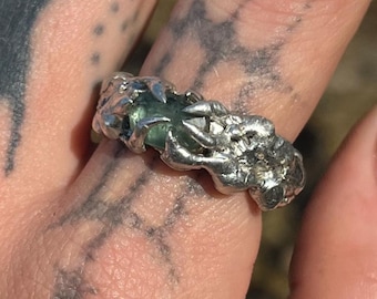 Green Kyanite Spiky Ring: Abstract Soldered Metal Jewelry