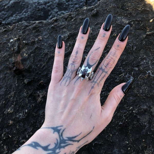 Massive Amethyst Ring | Liquid Metal Gothic Jewelry | Spiky Fairycore Ring | Alt Goblincore Horn Grunge Alternative Ring