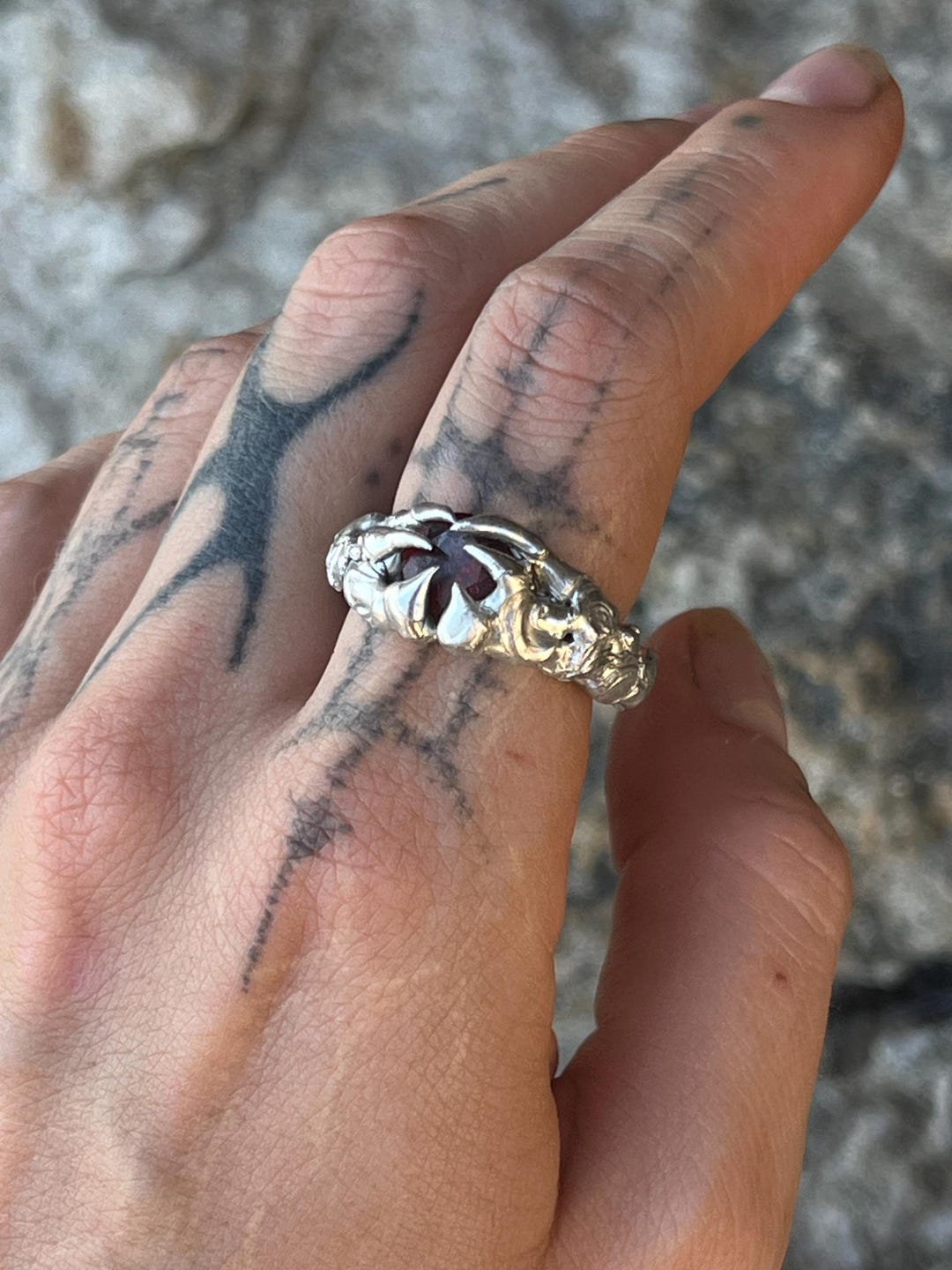 Liquid Metal Spiky Ring With Red Stone Soft Soldered Gothic Grange ...