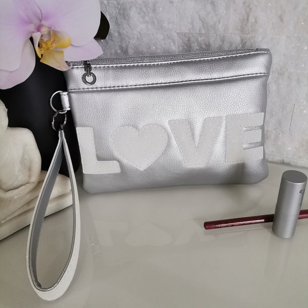 Elegante Clutch, Clutch aus Kunstleder, elegante Abendtasche, Hochzeitstasche, Party Clutch, Kosmetiktasche, silber