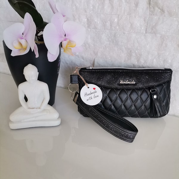 Stilvolle schwarze Clutch mit Handschlaufe für den perfekten Look, Abendtasche, Hochzeitstasche, Party Clutch,