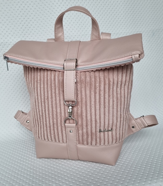 Corduroy and Faux Leather Foldover Backpack in Powder Pink