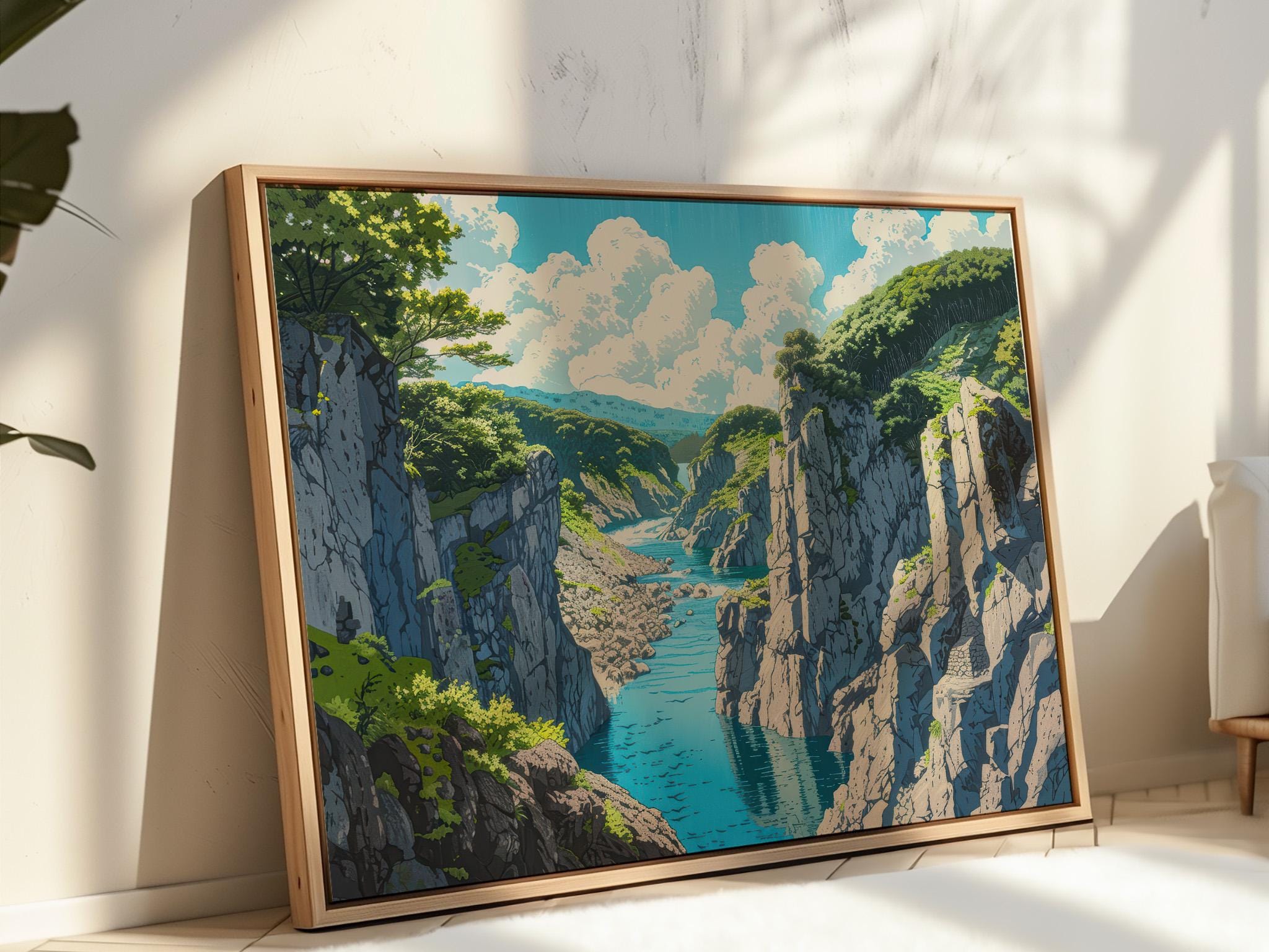 Japanese Watercolor Forest Valley Art, Scenic River Landscape