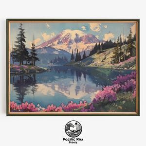 Art mural du mont Rainier, décoration naturelle, scène de montagne enneigée, paysage du nord-ouest du Pacifique | Art mural numérique horizontal imprimable | AA224