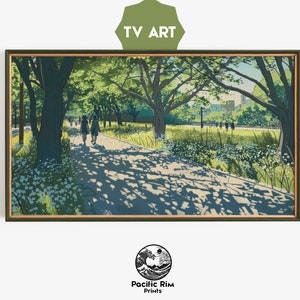 May include: A framed illustration of a pathway through a green forest with dappled sunlight and two people walking in the distance. The artwork has a vintage aesthetic and is titled "TV Art".