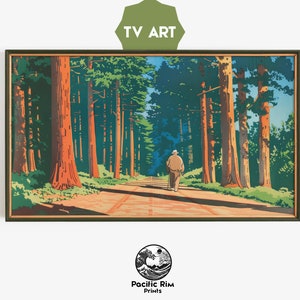 Redwood Forest Woodblock Druck Alter Mann zu Fuß, Vintage Wand Kunst Dekor, Retro Wohndekor, Geschenk Kunstliebhaber | Samsung Rahmen TV Kunst | AA006