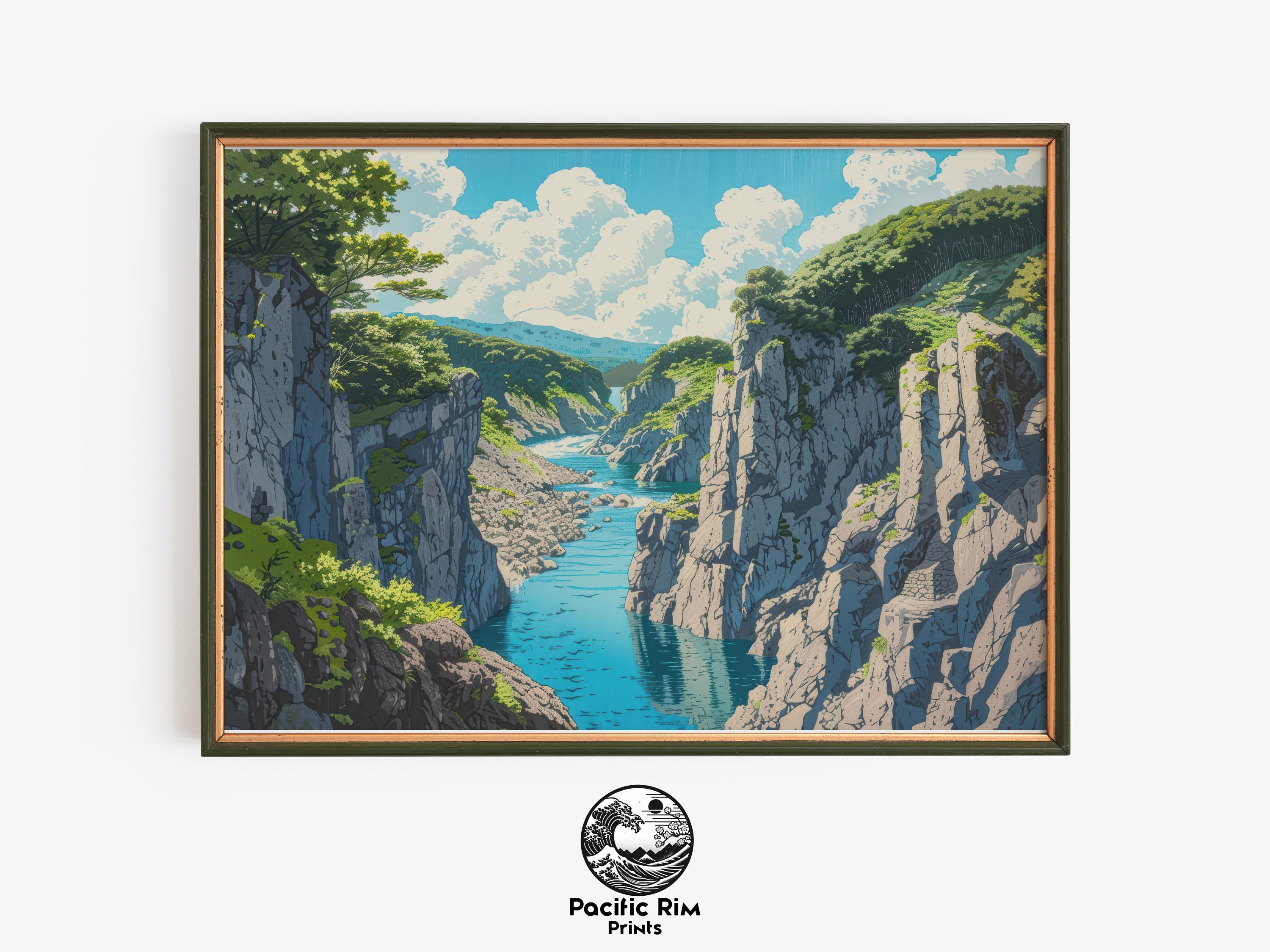 水彩画(風景)№167 Japanese Watercolor Forest Valley Art, Scenic River Landscape
