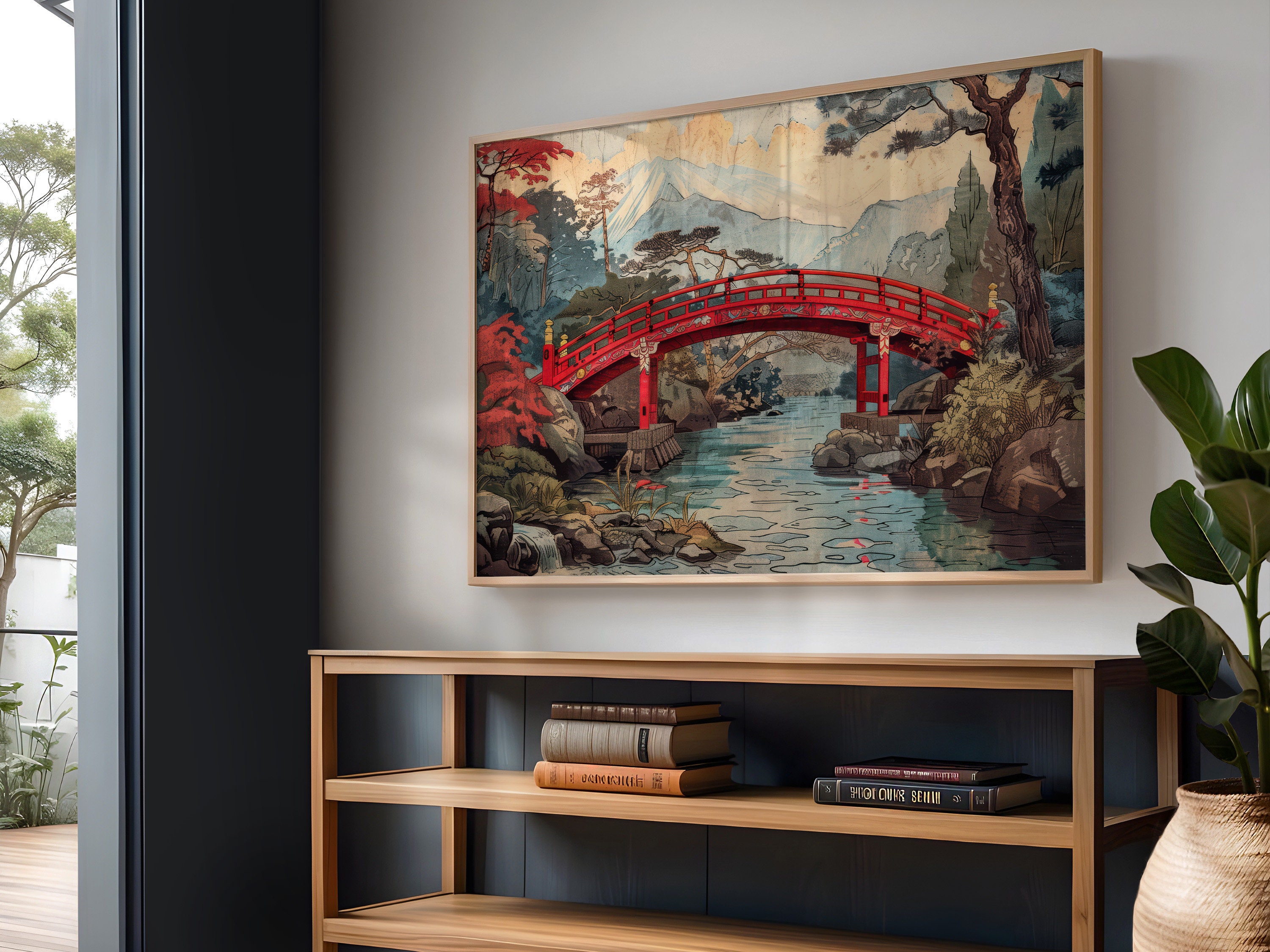 橋を架けた川の絵画、風景の壁アート、素朴な室内装飾、森の風景アート
