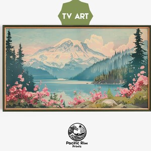 May include: A vintage-style illustration of a mountain range with a lake in the foreground. The mountain peaks are snow-capped and the lake is surrounded by lush green trees. The sky is a soft blue with fluffy white clouds. Pink flowers bloom in the foreground.