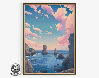 Impression coucher de soleil côtier, oeuvre d'art murale coucher de soleil sur l'océan, décoration coucher de soleil sur la plage, oeuvre d'art paysage côtier | IMPRIMABLE Art mural numérique vertical | AA028