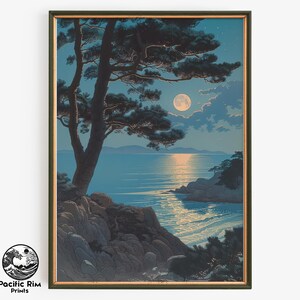 Beach Moon Wall Art, Nocturnal Painting, Seaside Night Scene, Moon Glow Decor | PRINTABLE Digital Wall Art Vertical | AA134