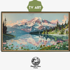 Tableau vue sur la montagne, impression d'art du mont Rainier, décor de paysage du nord-ouest, cadeau pour amoureux de la nature | Illustration pour téléviseur avec cadre Samsung | AA221