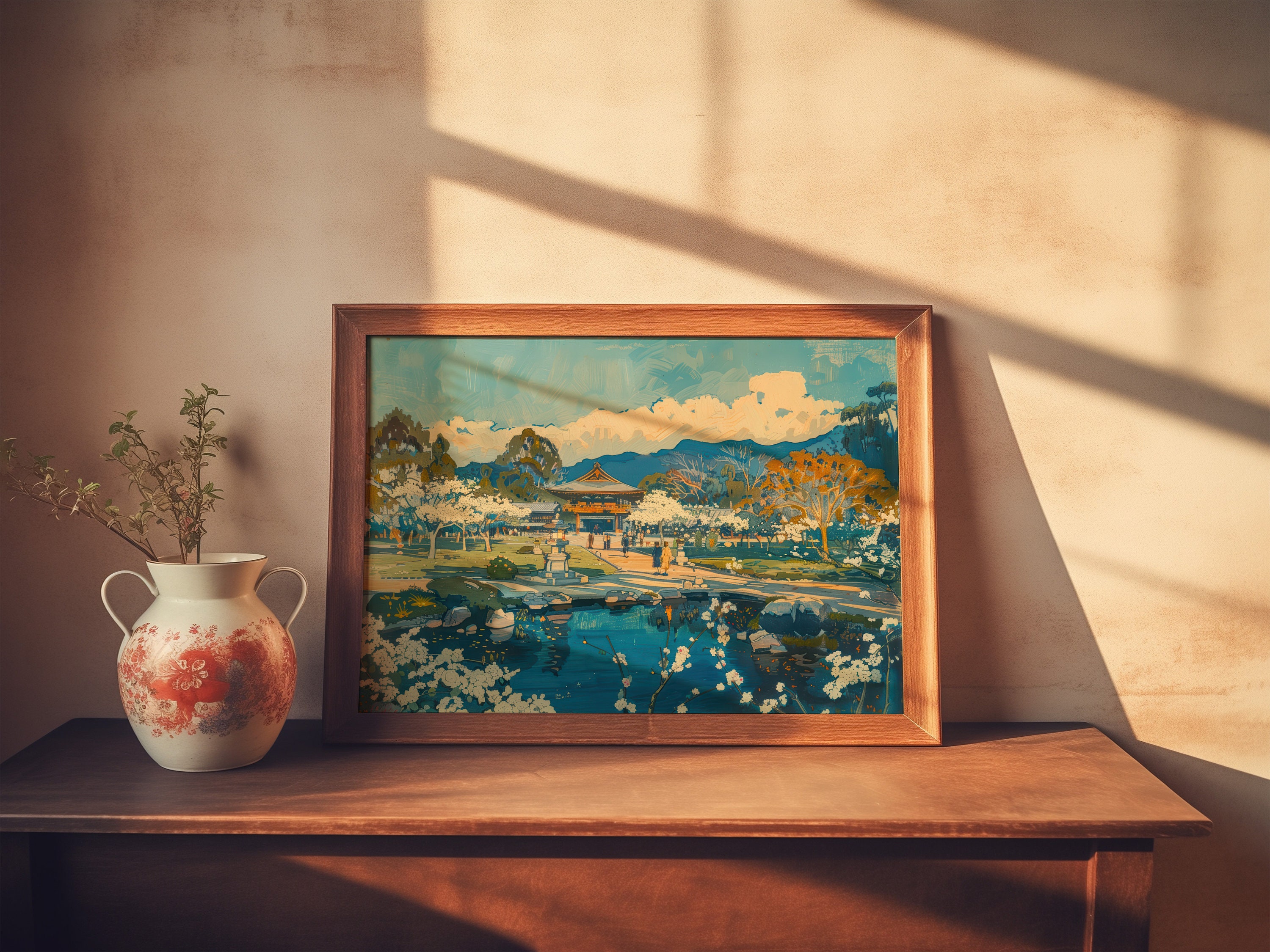 Vintage Print Japanese Garden Art, Retro Park Wall Decor, Nature