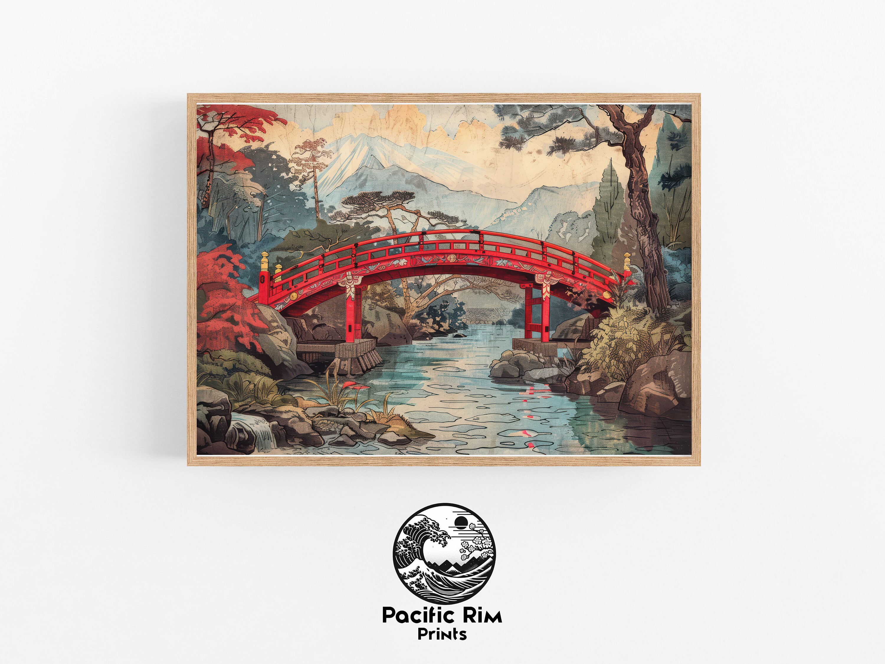 橋と川の風景 絵画 木製フレーム 橋を架けた川の絵画、風景の壁アート、素朴な室内装飾、森の風景アート