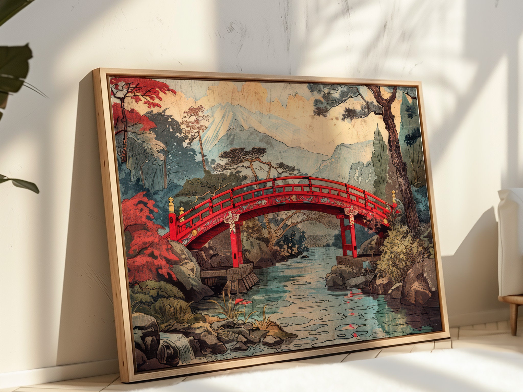 橋を架けた川の絵画、風景の壁アート、素朴な室内装飾、森の風景アート