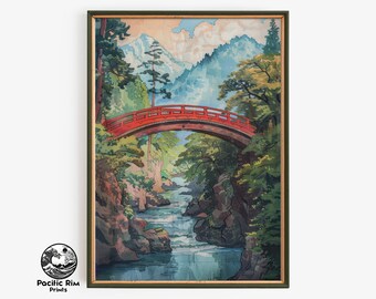 橋を架けた川の絵画、風景の壁アート、素朴な室内装飾、森の風景アート