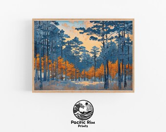 森の夕焼けアート、木のシルエットの絵画、夕暮れの風景写真、自然の