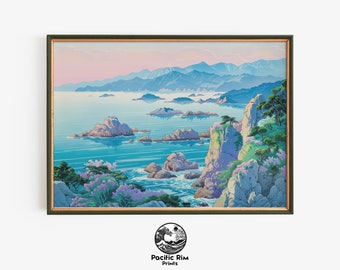 海景の夕日の壁プリント、海岸の風景アート、ビーチハウスの装飾、海岸の夕日のアート | 印刷可能なデジタル壁アート 横向き | AA058