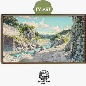 Serene River Valley Forest Painting, Nature Landscape Art, Forested River Artwork, River Valley Print | Samsung Frame TV Art | AA161