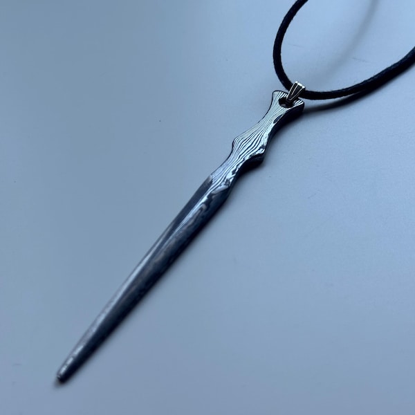 Sword pendant, hand-forged Damascus steel, Damascus steel pendant, steel pendant, with cord, gift for men, necklace