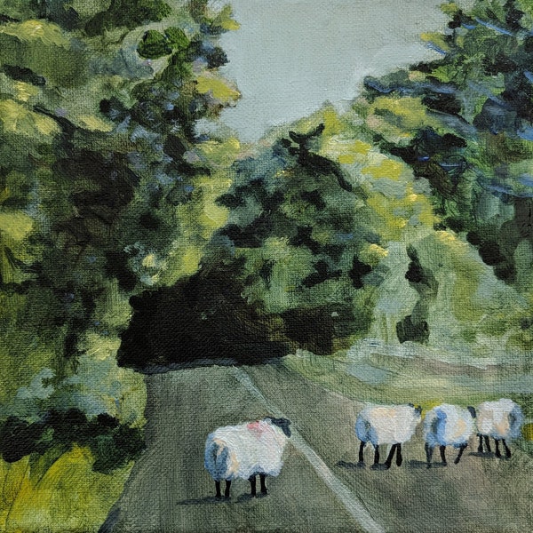Irish Sheep Kunstdruck von original Ölgemälde 21x28 cm Landschaft mit Schafen