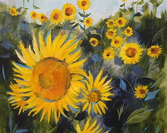 Cottage core decor / signed print / Summer Sunflowers / archival print of original painting of a sunflower field
