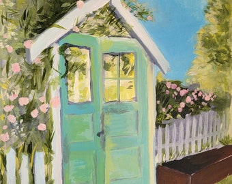 May include: A green wooden door with a white frame and a white picket fence in front of it. The door is covered in vines with pink flowers. There is a brown planter box to the right of the door.