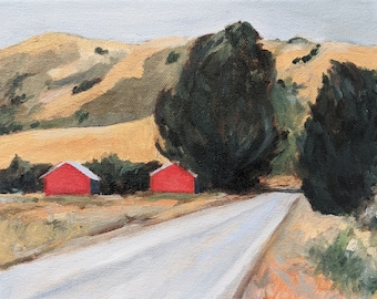 Original California Landscape oil painting - Two Barns