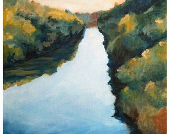 穏やかな川の風景画 オリジナル絵画のプリント 水 川 アート 水景