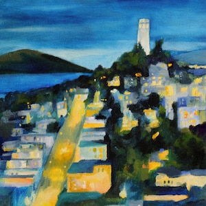 City at night San Francisco art print of original oil painting Coit Tower  PRINT SF art
