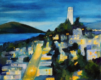City at night San Francisco art print of original oil painting Coit Tower  PRINT SF art