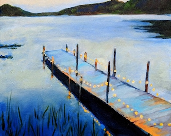 Lake and Dock Painting Archival Print of Original Oil Painting print Evening on the Lake