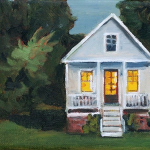 Cottage painting art archival print 8x10 House with lights on painting