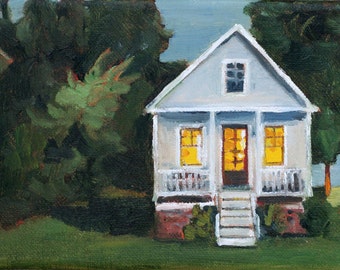 Cottage painting art archival print 8x10 House with lights on painting