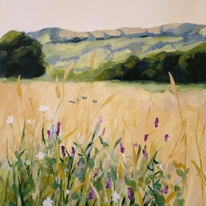 Paysage californien, chênes et herbes hautes, impression grand format de la peinture à l&#39;huile originale