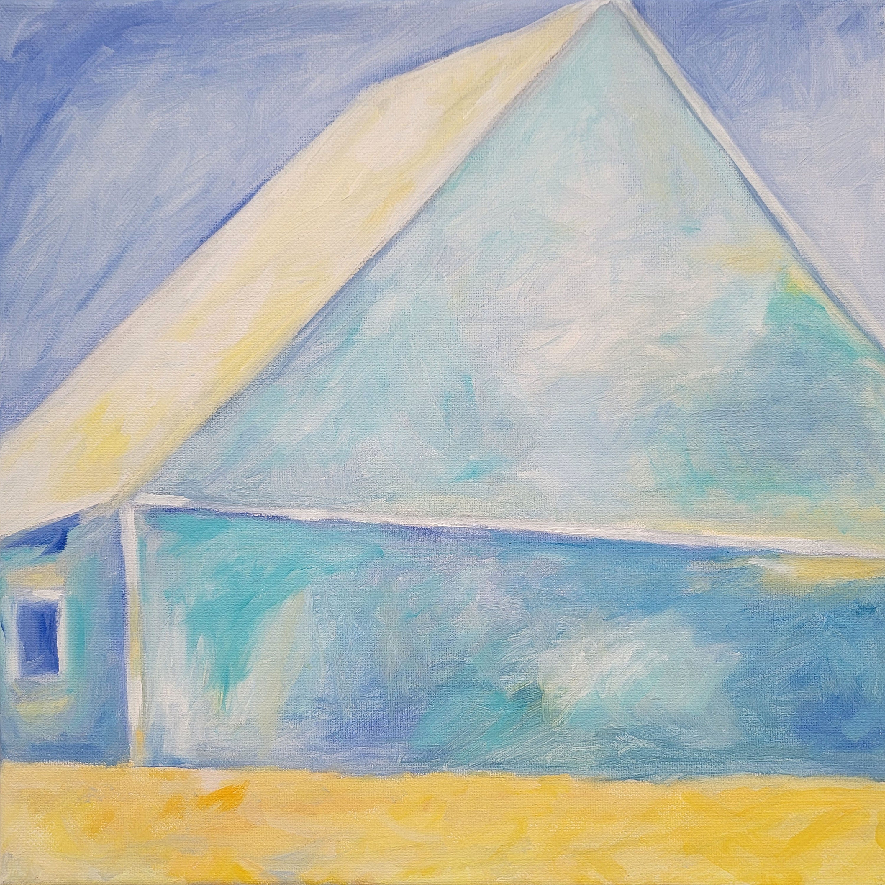 Light Blue Barn Landscape Painting Original Oil on canvas 12x12 inches