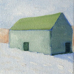 House with green roof - art print of original oil painting