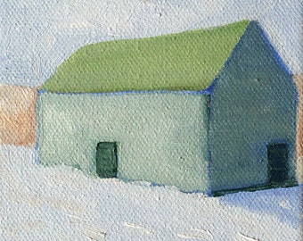 House with green roof - art print of original oil painting