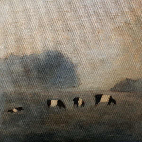 Cow art landscape Print of Cows in the mist - art print of original oil painting Belted cows