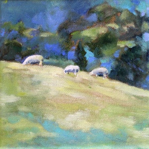 Grazing sheep on hillside painting- print of original oil landscape painting of sheep