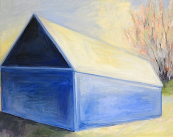 Blå ladugårdslandskapsmålning Original olja på duk 40x50 cm
