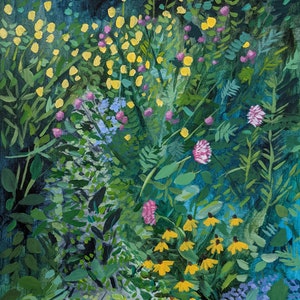 Impression botanique de trèfle de peinture originale en trèfle acrylique, herbes et fleurs jaunes décor floral