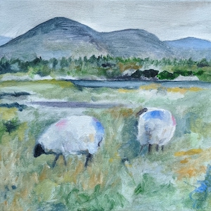 Irish Sheep art print of original oil painting 7x7 inches landscape painting Irish countryside with sheep