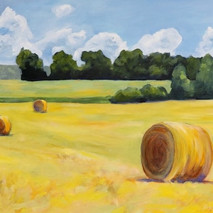 Summer Hay Bales Print of Original Oil Painting Landscape Art